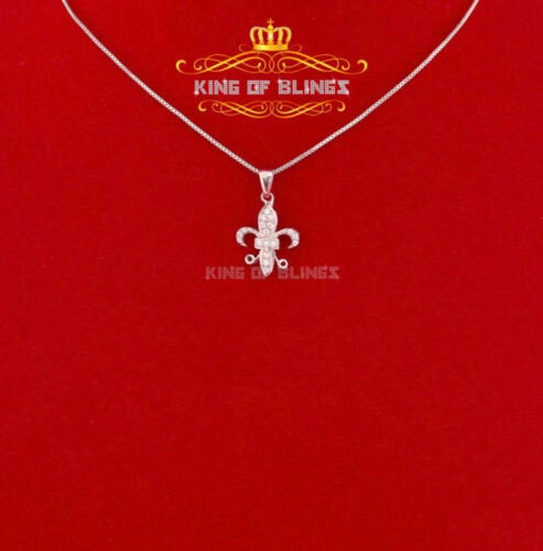 10K White Gold Finish 925 Silver Cubic Zirconia Fleur De Lis Pendant