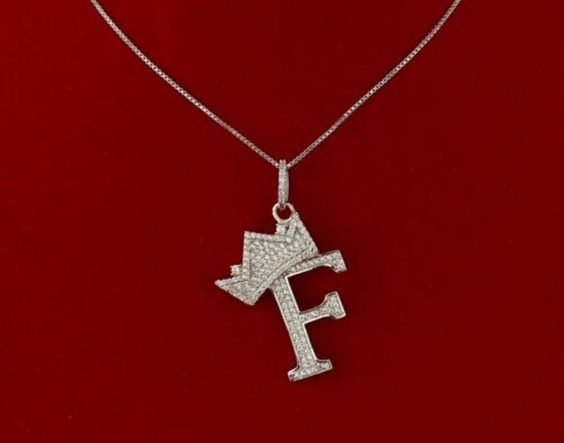 10k White Gold Finish Crown Alphabet Silver Pendant With Lab Created Diamonds