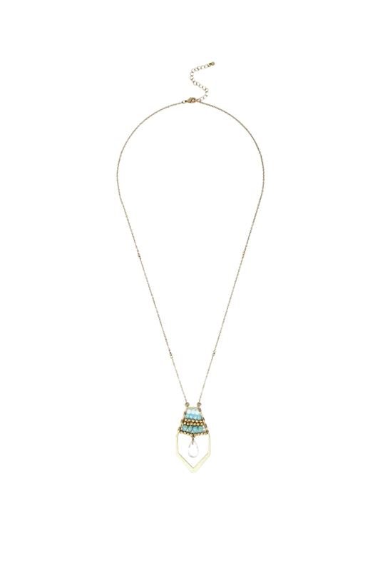 Aqua Blue, Sea Blue and Gold Multi Bead Crystal and Facet Quartz Teardrop Long Necklace