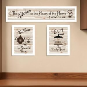 Set Of Three Kitchen Is The Heart of Home White Framed Kitchen Wall Art