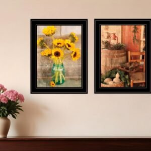 Set Of Two Vintage Country and Sunflowers 2 Black Framed Print Wall Art