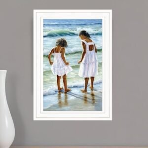 Two Girls at the Beach 2 White Framed Print Wall Art