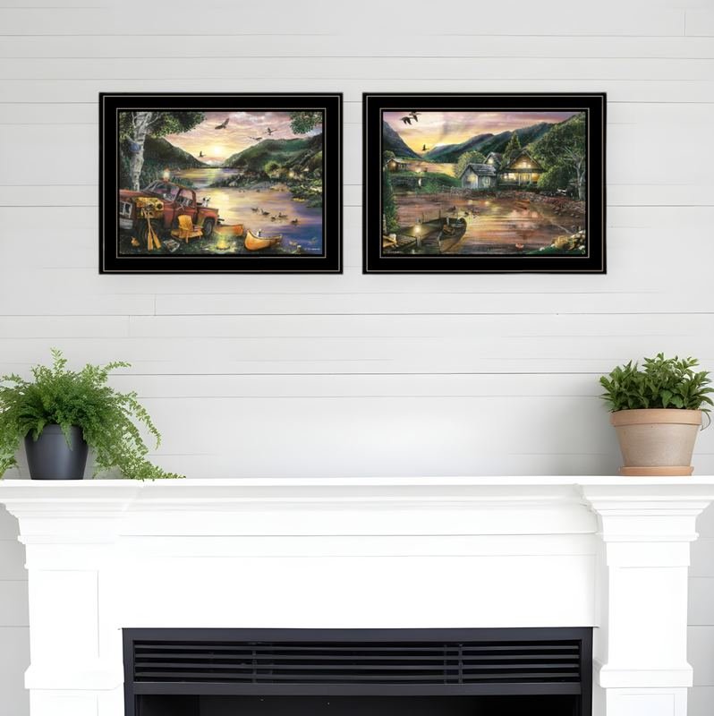 Set Of Two Lakefront Camping 2 Black Framed Print Wall Art