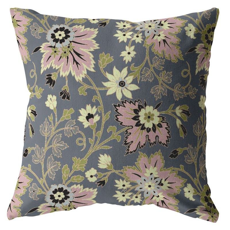 16 Gray Pink Jacobean Zippered Suede Throw Pillow