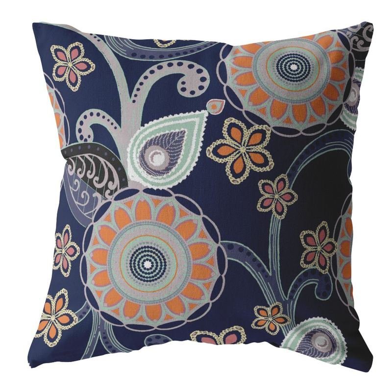 16 Indigo Orange Floral Suede Zippered Throw Pillow