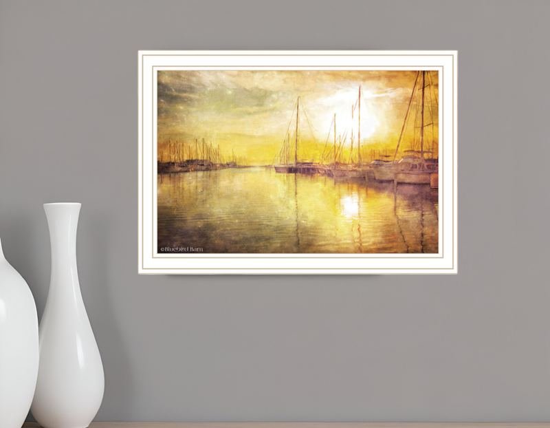 Yellow Sunset Boats In Marina White Framed Print Wall Art