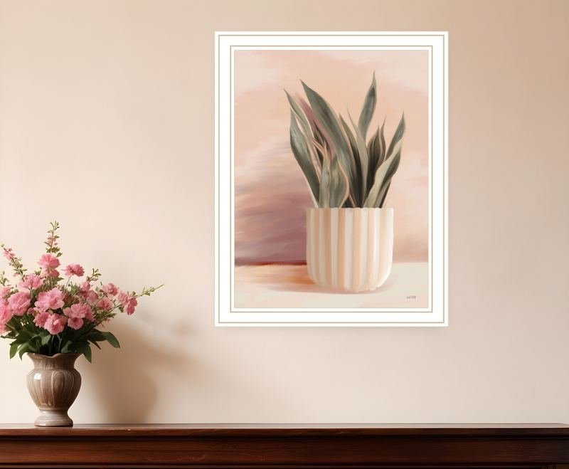 Striped Bohemian Plant White Framed Print Wall Art