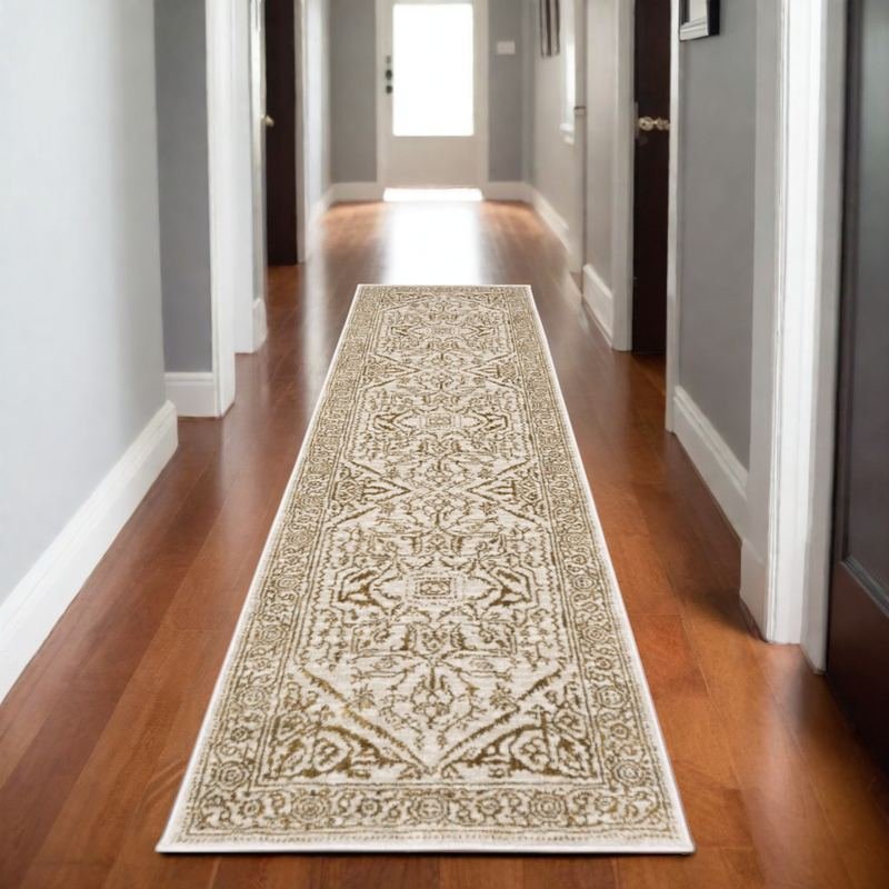 8' Ivory And Gold Oriental Runner Rug