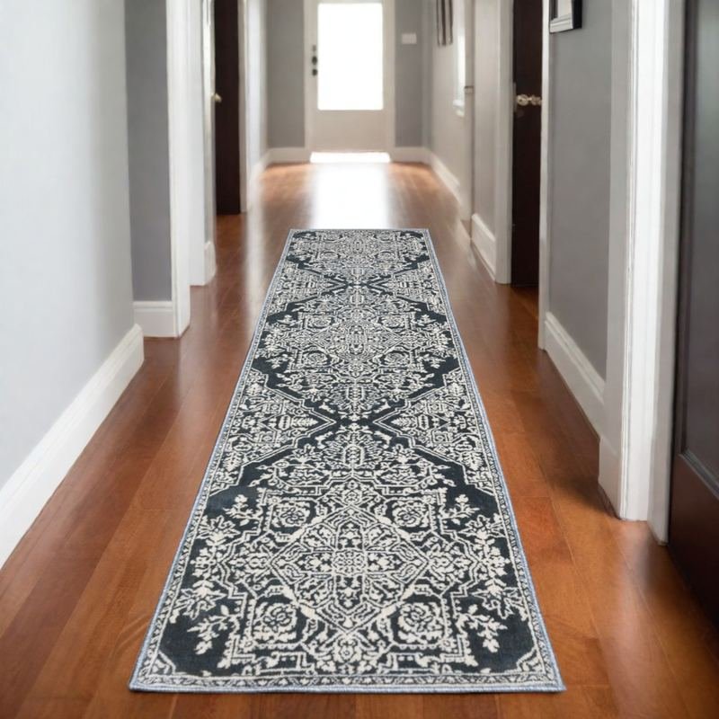 8' Blue And Ivory Oriental Runner Rug
