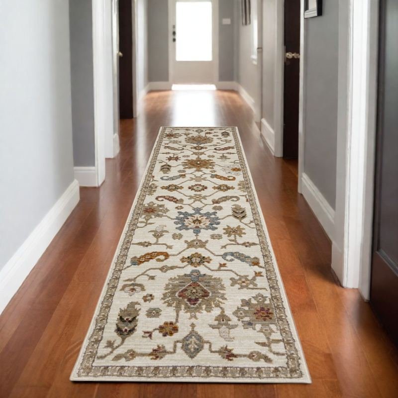 8' Ivory Gray And Orange Oriental Runner Rug