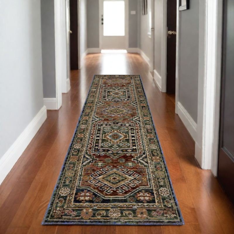 8' Blue Rust And Light Brown Tribal Runner Rug