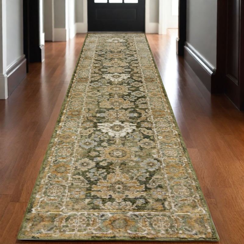 12' Green And Gold Oriental Runner Rug