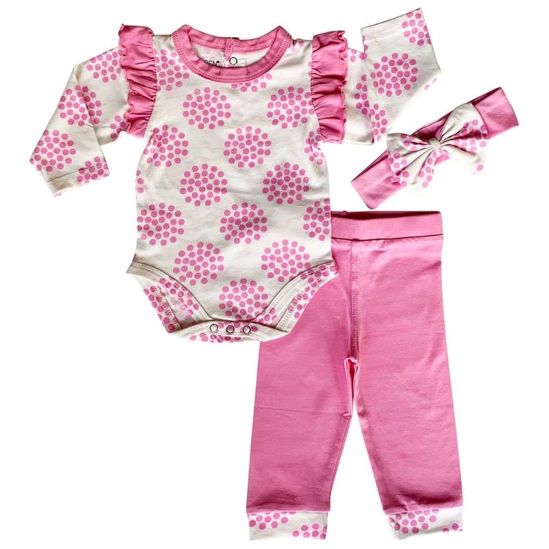 AnnLoren Baby Girls Layette Pink Polka Dot Onesie Pants Headband 3piece Gift Set