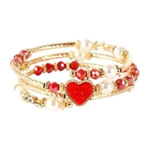 Red Heart Druzy and Pearl Wrap Gold Bracelet