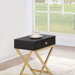 24" Gold And Black Solid Wood End Table With Drawer