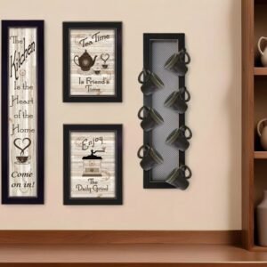 Set Of Four Kitchen Collection V with Seven Peg Mug Rack 3 Black Framed Print Kitchen Wall Art