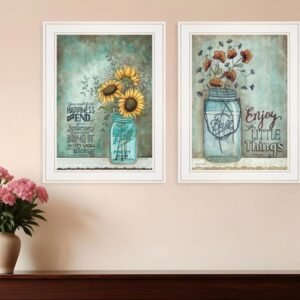Set Of Two Enjoy the Little Things or Happiness 1 White Framed Print Wall Art