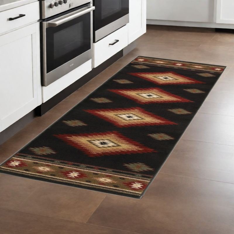 8' Green and Black Southwestern Power Loom Runner Rug