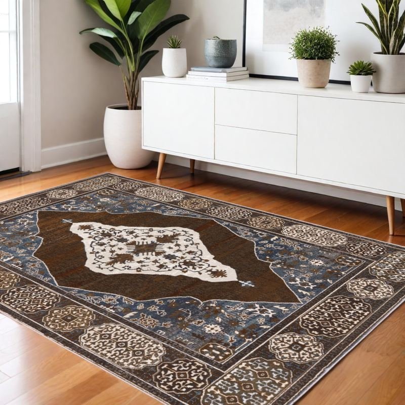 4' X 6' Gray And Blue Medallion Area Rug