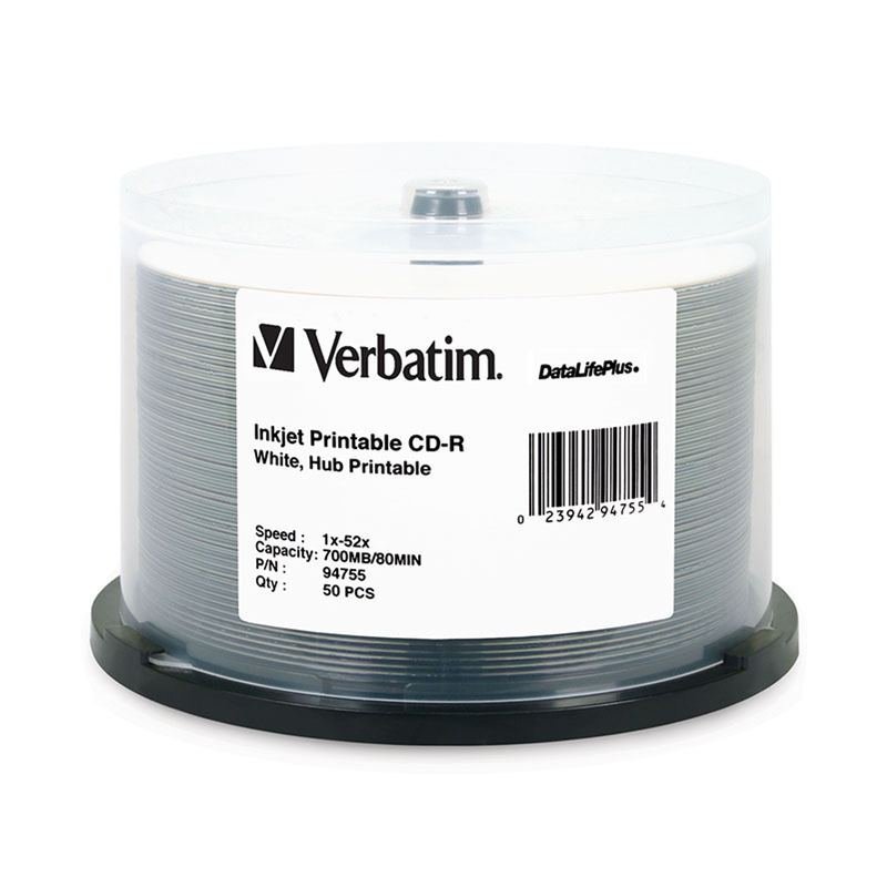 Verbatim CD-R, 94755, 700MB, 52X, White Inkjet Printable, 50PK Spindle