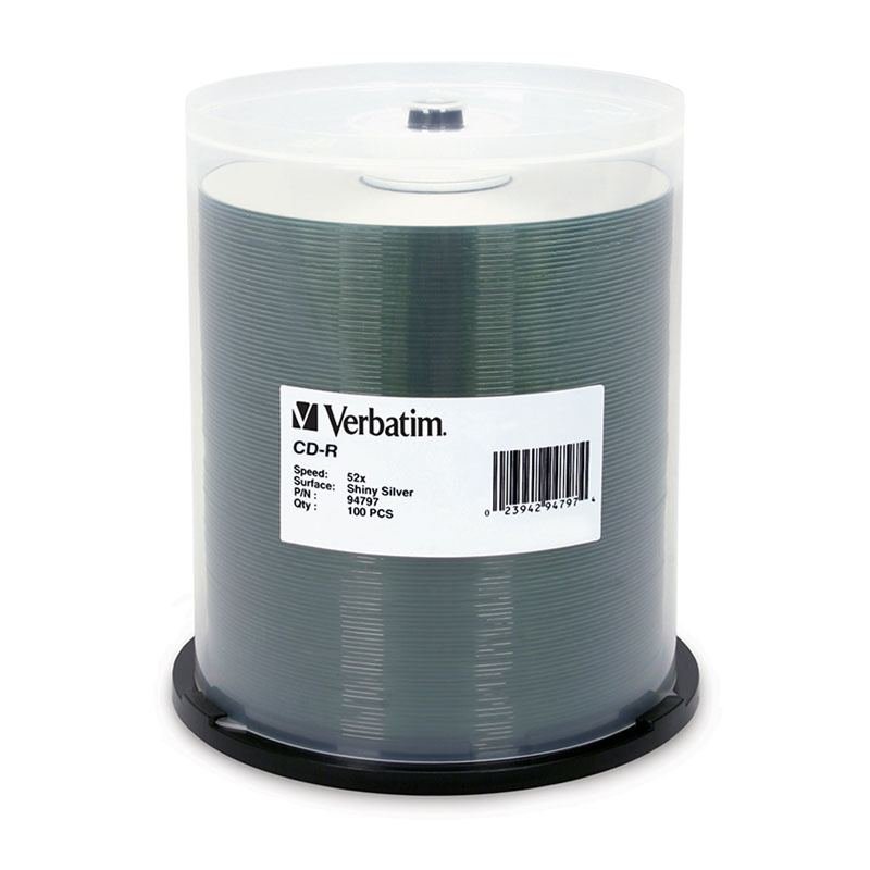 Verbatim CD-R, 94797, 700MB, 52X, Shiny Silver Silk Screen Printable, 100PK Spindle, TAA
