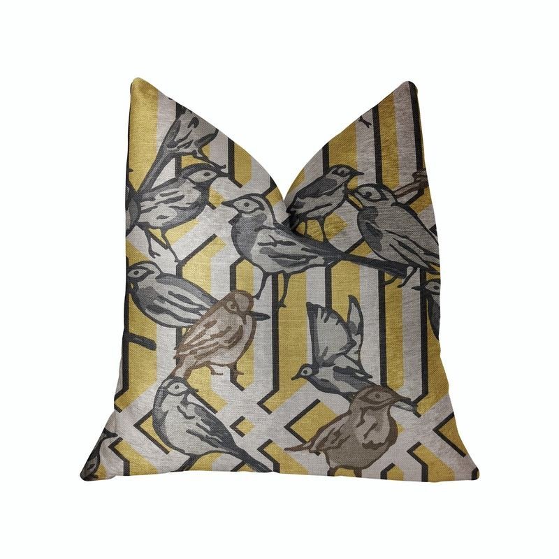 Plutus Song Bird Gardens Yellow, Beige and Gray Luxury Throw Pillow